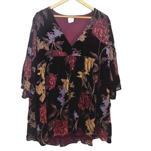 By Together Velvet Burnout Floral Print V Neck Dress‎ Long Sleeve L Fairy Grunge